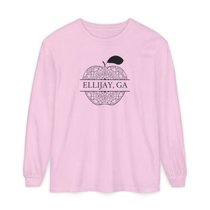 Pink Comfort Color long sleeve t-shirt with an apple design and 'Eliijay, GA' text 