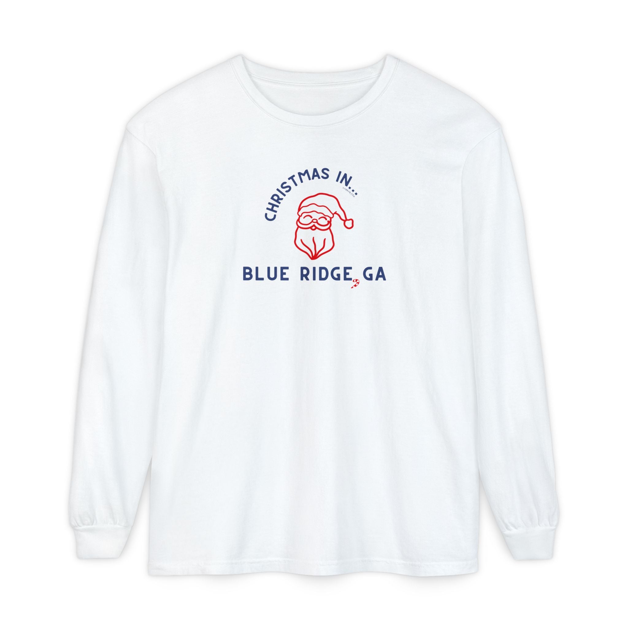 White Comfort Colors long-sleeve shirt with Santa and text "Christmas in Blue Ridge, GA"