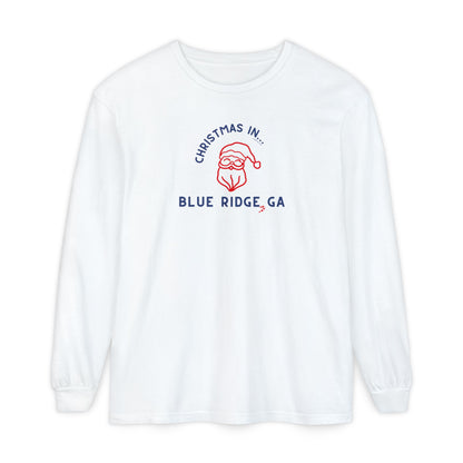 White Comfort Colors long-sleeve shirt with Santa and text "Christmas in Blue Ridge, GA"