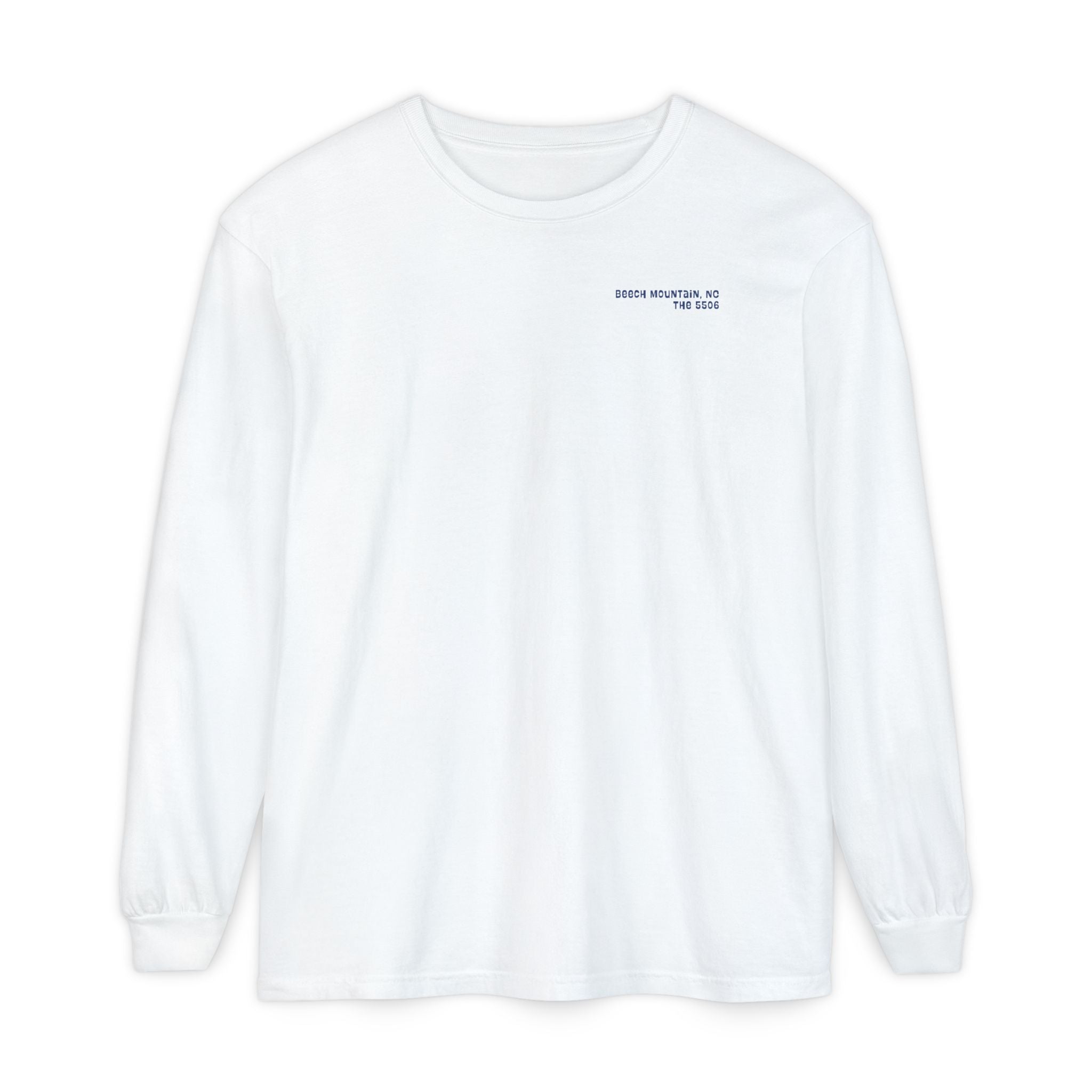 White unisex Comfort Colors long-sleeve shirt with text Beech Mountain - The 5506 on the front