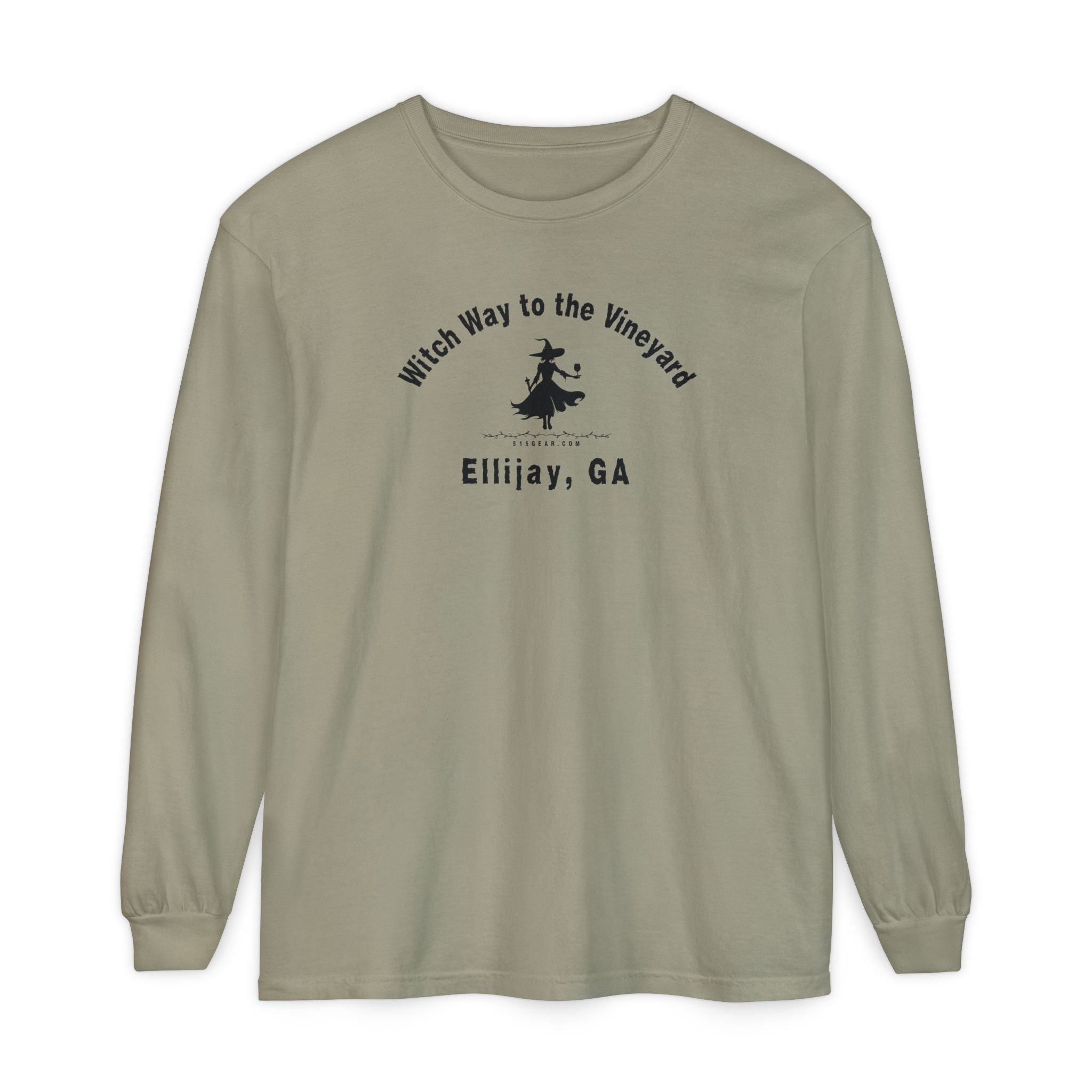 Olive long sleeve t-shirt with sassy witch graphic holding a glass of wine and text "Witch Way to the Vineyard - Ellijay GA" by 515Gear.com