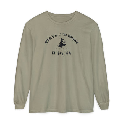 Olive long sleeve t-shirt with sassy witch graphic holding a glass of wine and text "Witch Way to the Vineyard - Ellijay GA" by 515Gear.com
