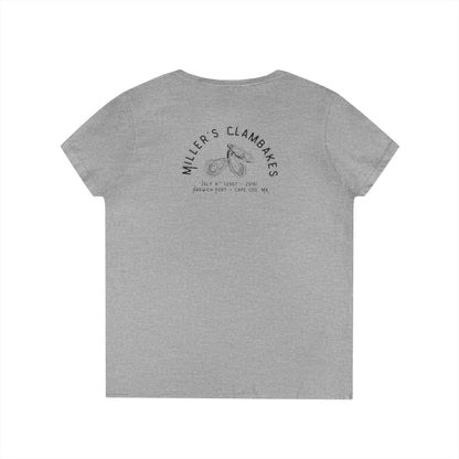 Gray v-neck t-shirt with Oyster shell graphic and text Miller's Clambakes on the back