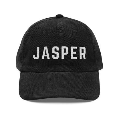Black corduroy hat with JASPER embroidered in white by 515Gear.com