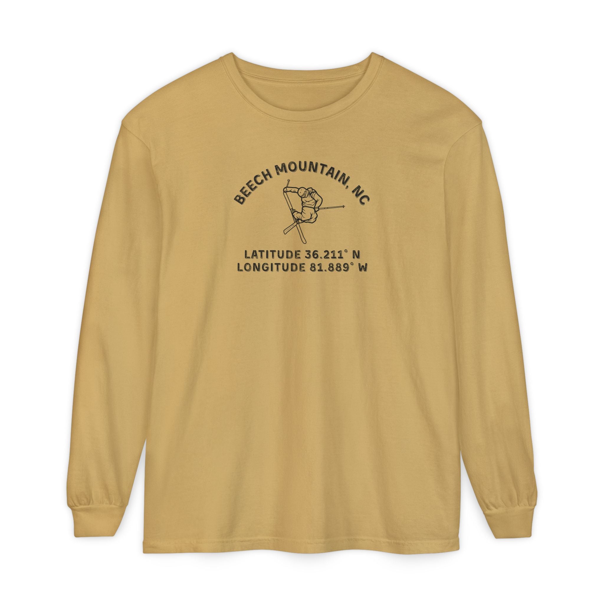 Mustard long sleeve tee with skier doing an iron cross jump mid-air and text 'Beech Mountain, NC Latitude 36.211' N Longitude 81.889' W