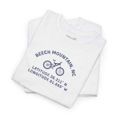 folded White t-shirt with mountain bike graphic and text "Beech Mountain, NC - Latitude and Longitude" coordinates