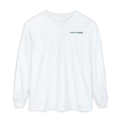 White sweatshirt with cartoon Sparty peeing and text Always Spartan