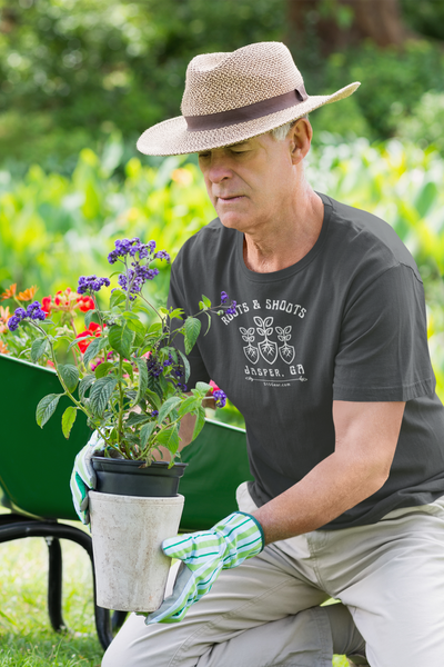 unisex adult T-shirt, Roots & Shoots, Gardening shovel root leaf graphic, by 515Gear.com | Jasper, GA | celebrate your green thumb