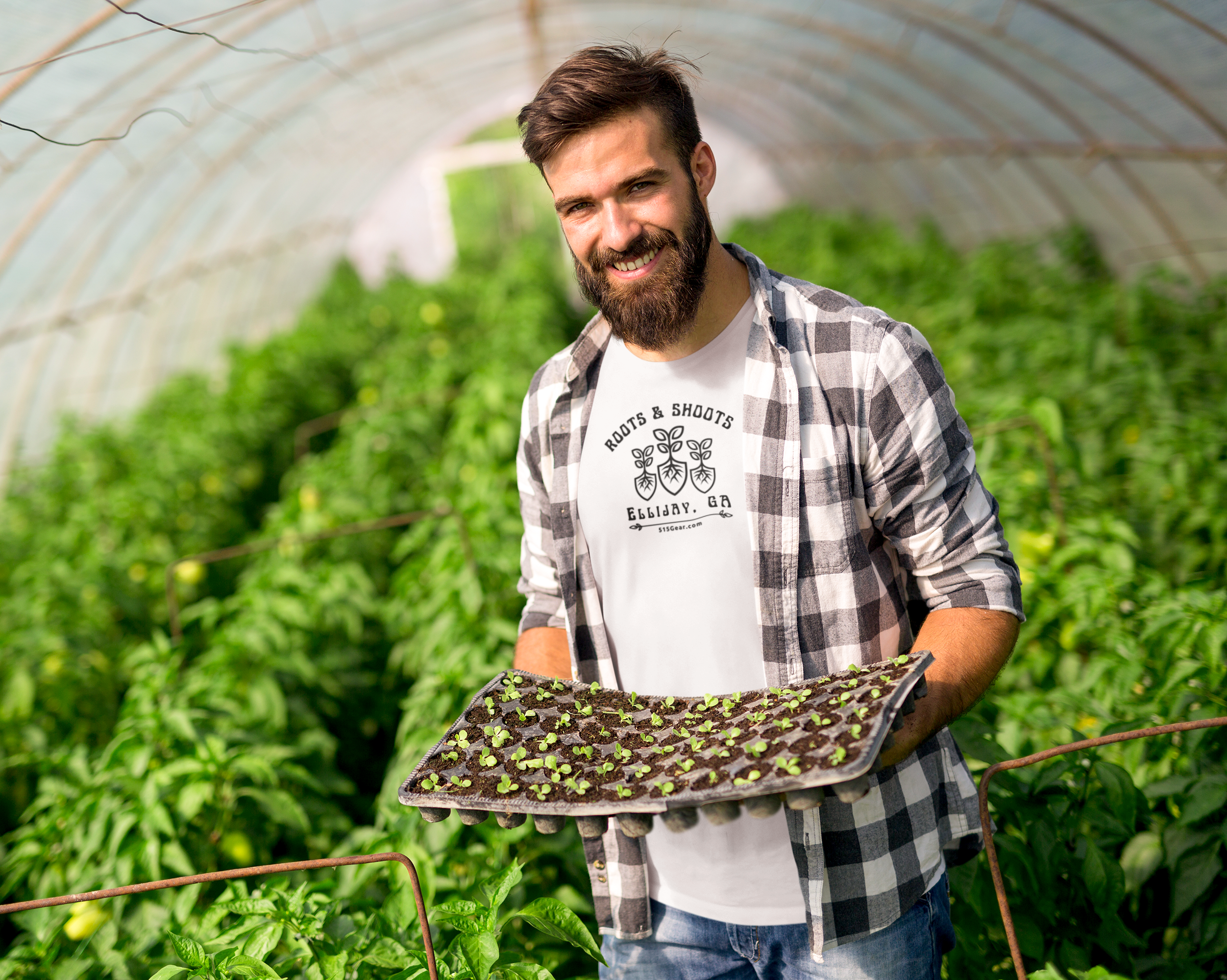 unisex adult T-shirt, Roots & Shoots, Gardening shovel root leaf graphic, by 515Gear.com | Ellijay, GA | celebrate your green thumb