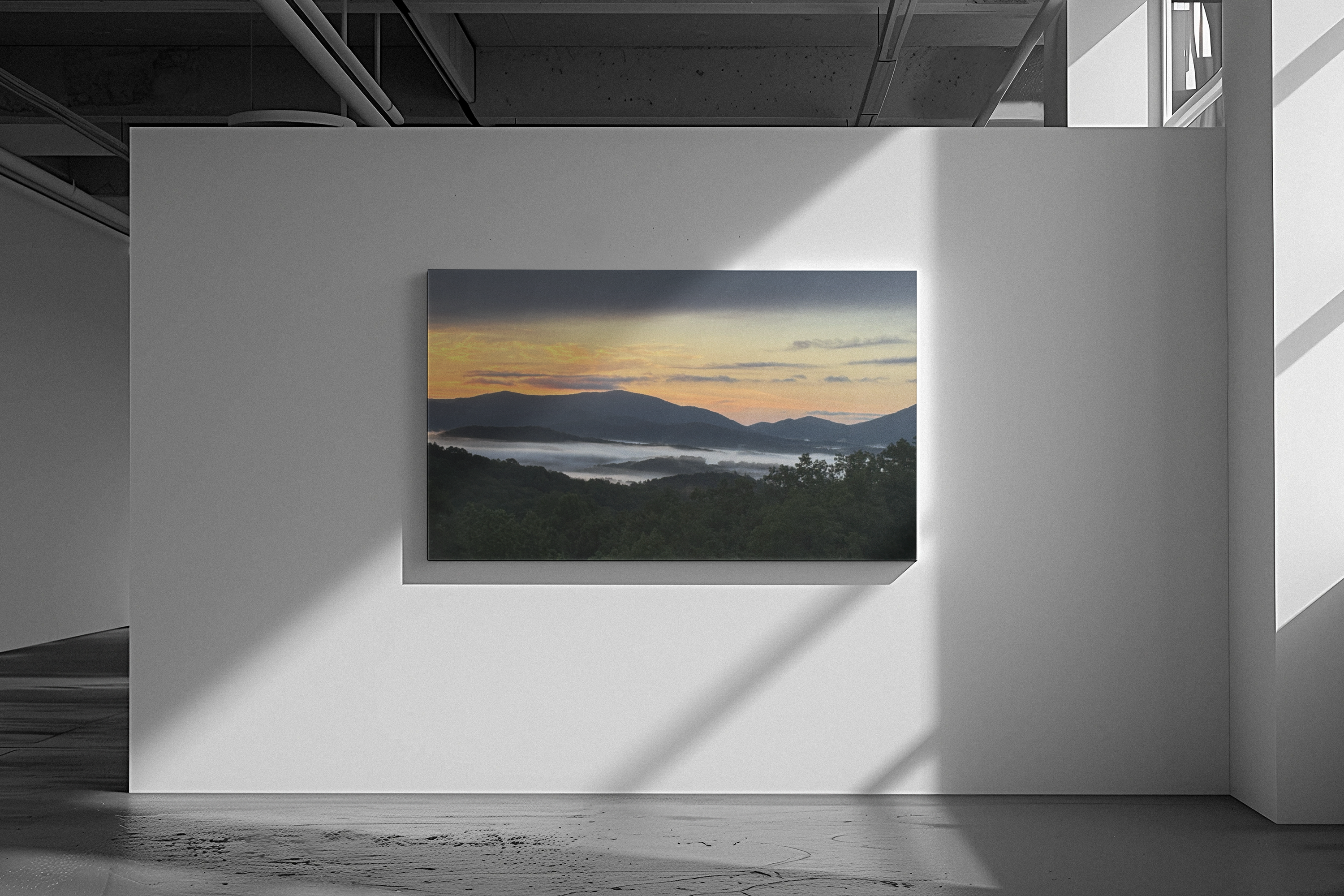 Surreal misty mountain sunrise in the blue ridge mountains canvas wall print on a white wall in a modern indoor setting