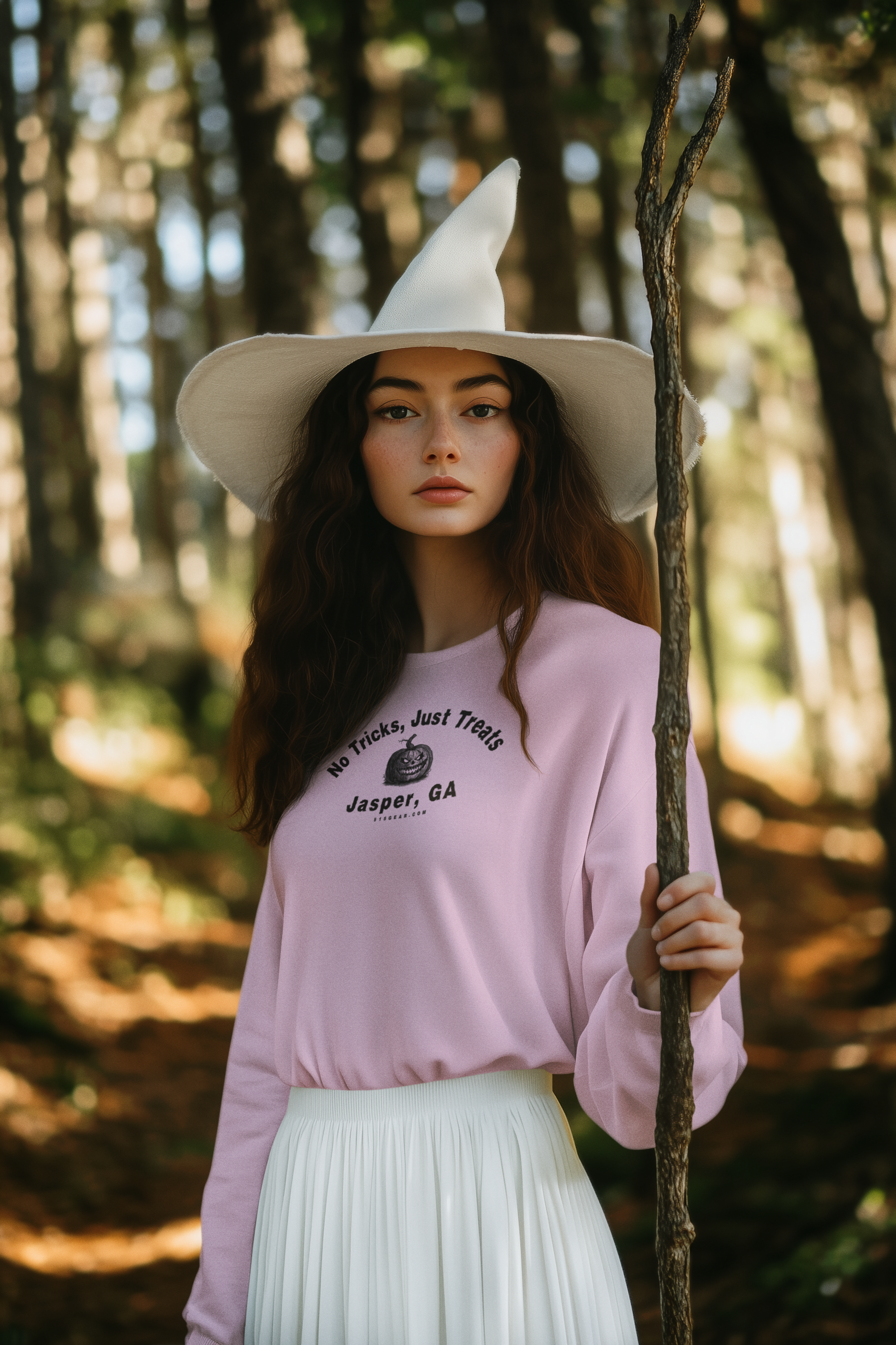 "No Tricks, Just Treats" Woman in a pink sweater and white Witch's hat by 515Gear.com