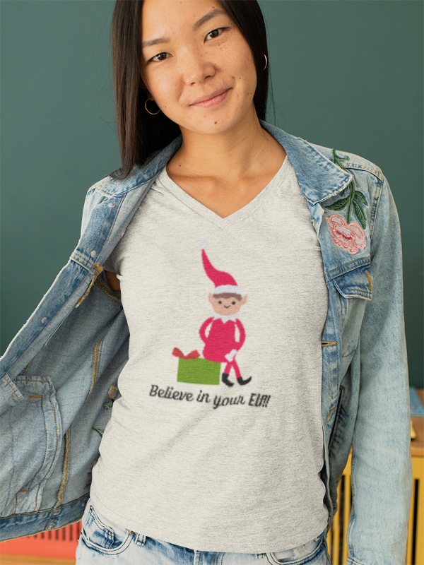 Women's V-Neck T-shirt with Elf Graphic, Believe in your Elf, by 515Gear.com