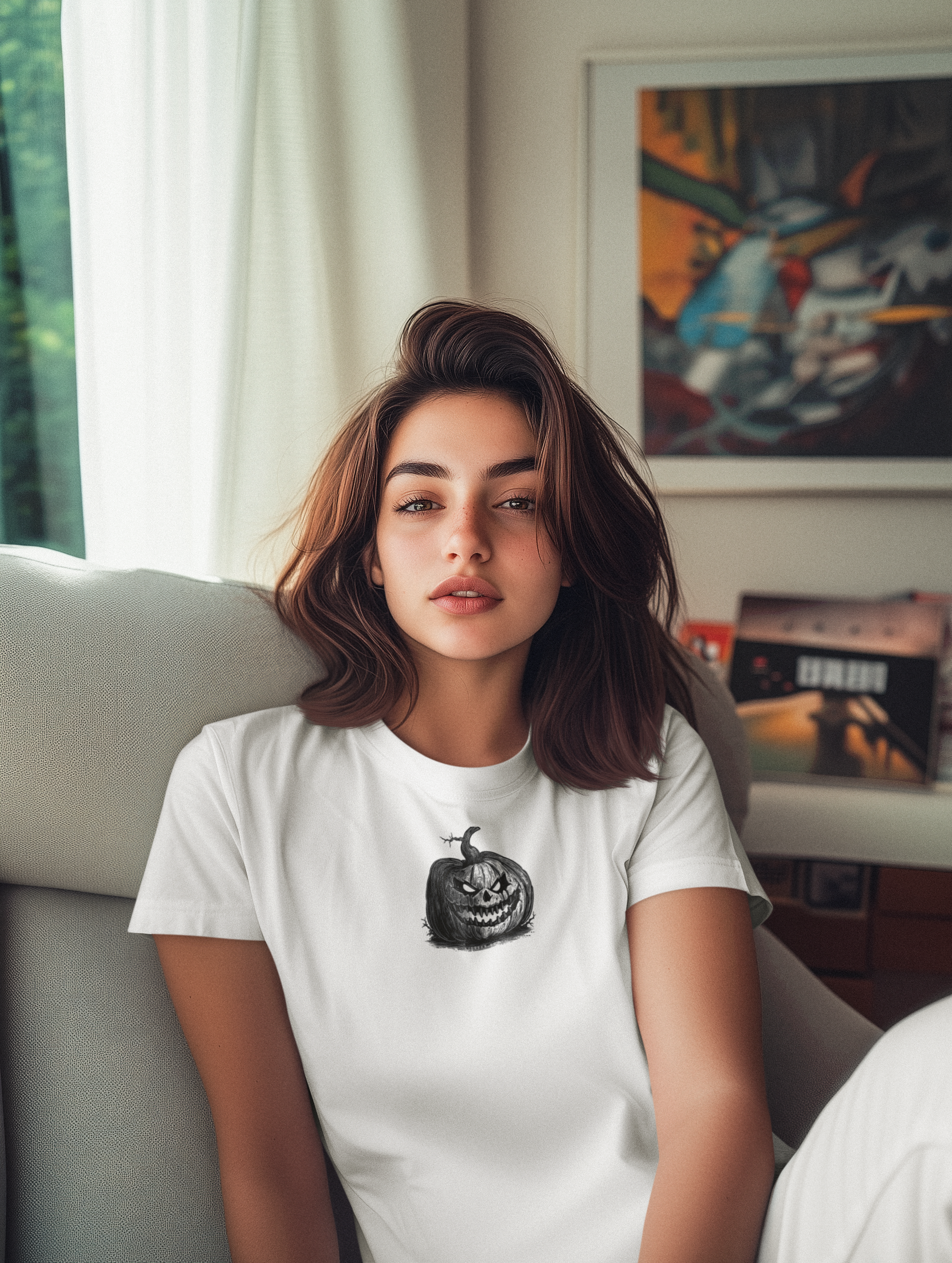 Woman wearing a white t-shirt with a halloween jack-o-lantern pumpkin graphic design, sitting indoors by 515Gear.com