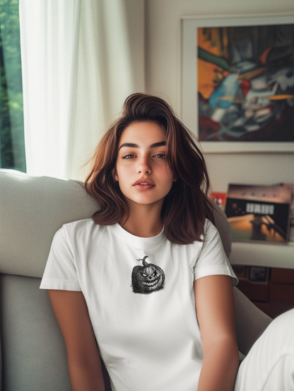 Woman wearing a white t-shirt with a halloween jack-o-lantern pumpkin graphic design, sitting indoors by 515Gear.com