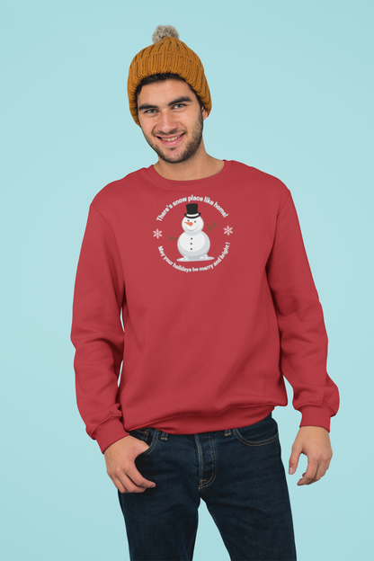 Person wearing a red sweatshirt with a snowman graphic and text saying "There's  Snow Place Like Home!  May your holidays be merry and bright! by 515Gear.com