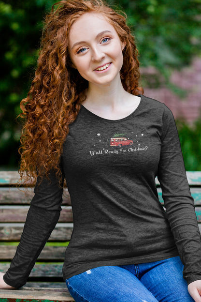 Woman wearing a dark gray long-sleeve shirt with Christmas graphic and text "Y'All Ready For Christmas?"