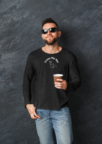 Man wearing a black long-sleeve shirt with a snowman tipping a hat and text "Freeze the Day" by 515Gear.com