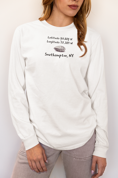 White long-sleeve shirt with an oyster graphic and the latitude & longitude for Southampton, NY