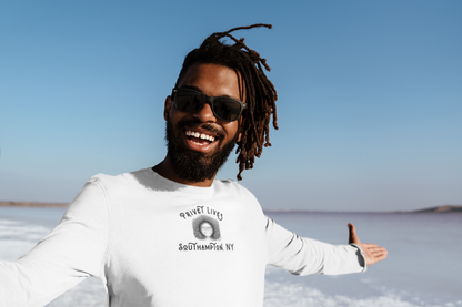 Man wearing  a white long-sleeve t-shirt with Privet and Beach Pathway graphic and text "Privet Lives - Southampton, NY"