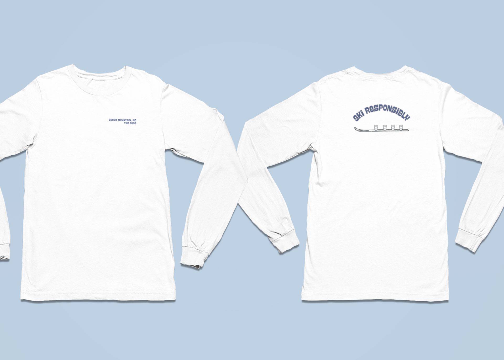 White unisex Comfort Colors long-sleeve shirt with text Beech Mountain - The 5506 on the front and Ski Responsibly on the back with shotski