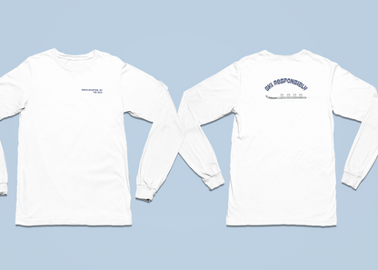 White unisex Comfort Colors long-sleeve shirt with text Beech Mountain - The 5506 on the front and Ski Responsibly on the back with shotski