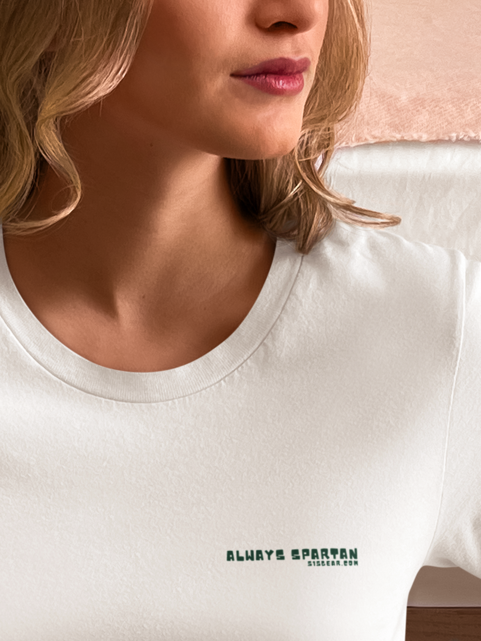 White t-shirt with 'Always Spartan' text worn by a person