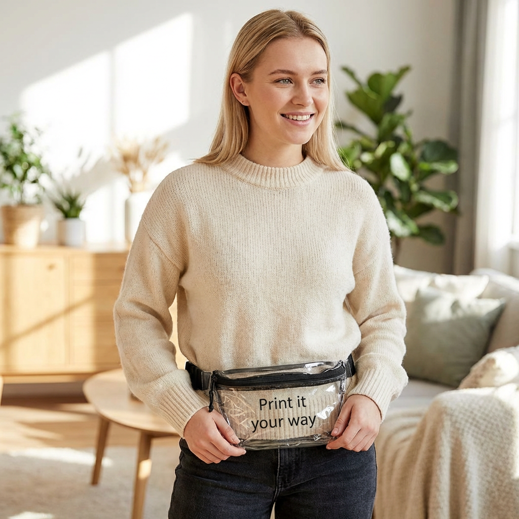 Woman with a customizable, transparent fanny pack perfect for concerts and festivals