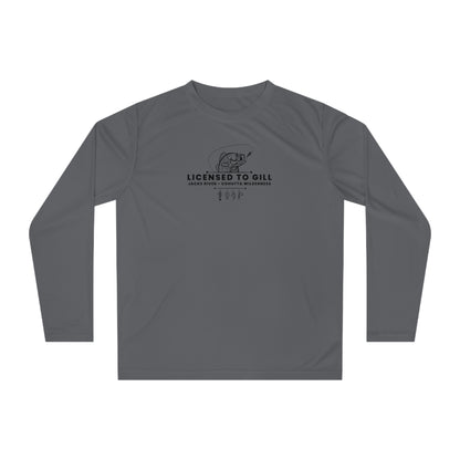 Gray long-sleeve shirt with 'Licensed to Gill' text and fishing graphic on a white background