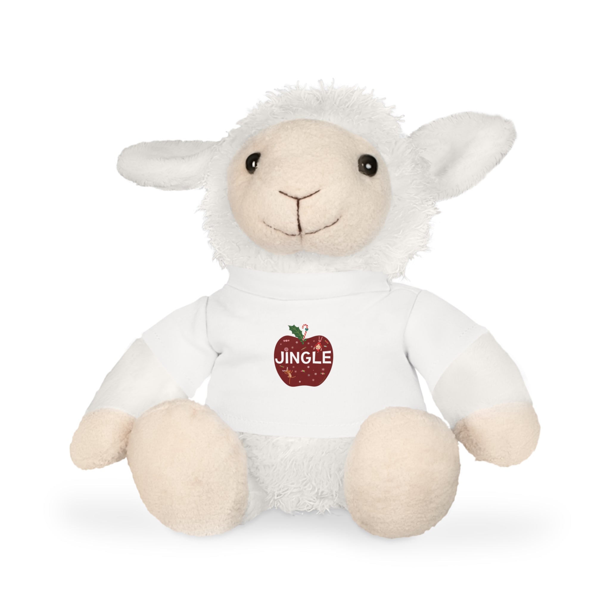 White stuffed lamb toy with a red apple and 'JINGLE' text on a white background