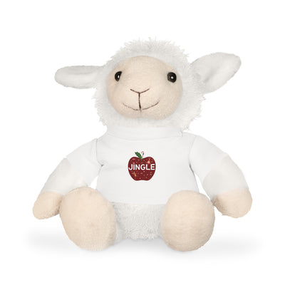 White stuffed lamb toy with a red apple and 'JINGLE' text on a white background