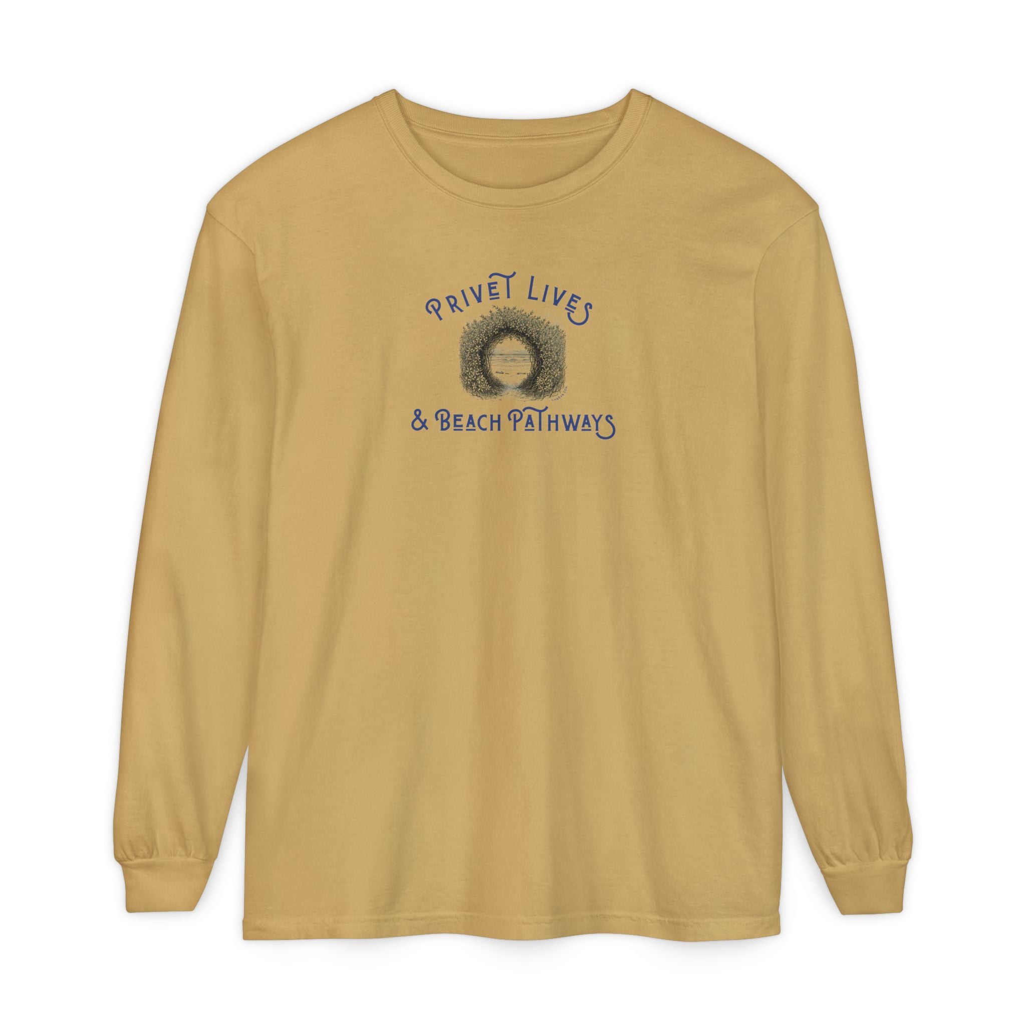 Mustard  unisex Comfort Colors® long‑sleeve tee with beach graphic and text "Privet Lives & Beach Pathways"