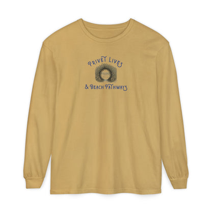 Mustard  unisex Comfort Colors® long‑sleeve tee with beach graphic and text "Privet Lives & Beach Pathways"