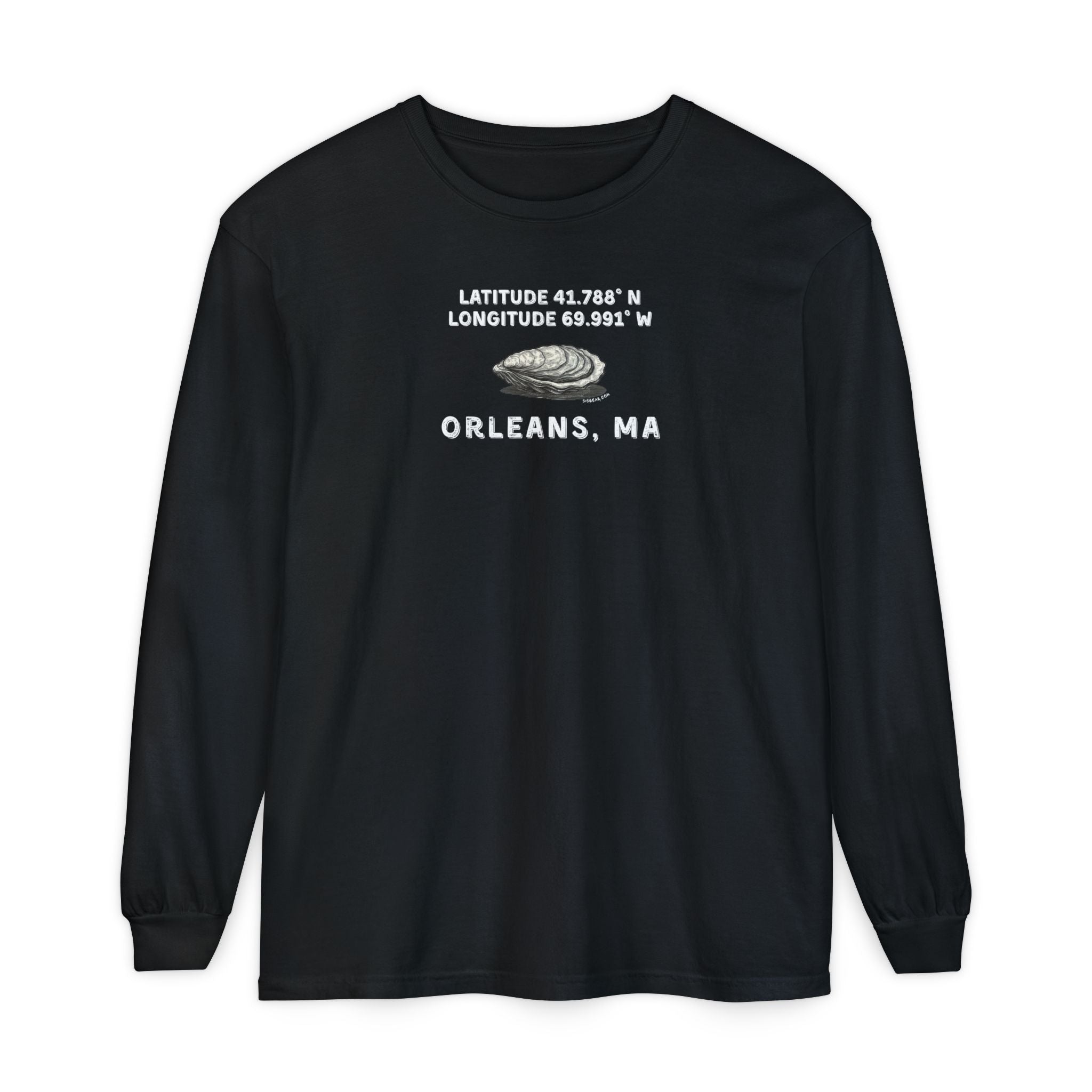 Black long-sleeve shirt with Oyster graphic and text "Latitude 41.788 N, Longitude 69.991  Orleans, MA"