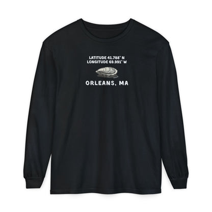 Black long-sleeve shirt with Oyster graphic and text "Latitude 41.788 N, Longitude 69.991  Orleans, MA"