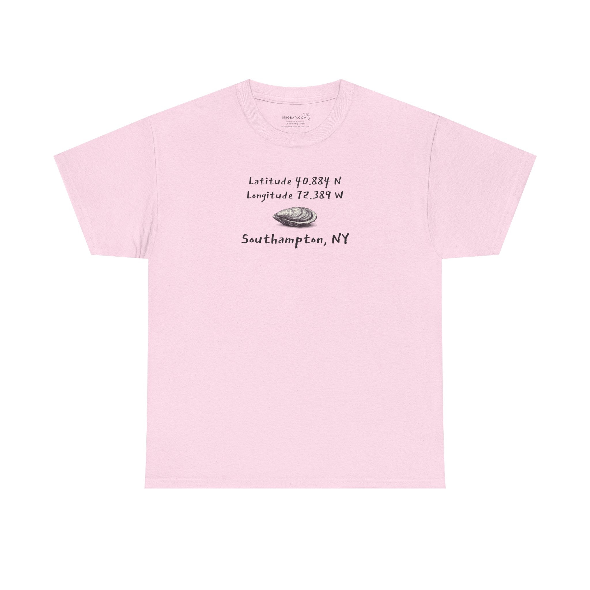 Pink t-shirt with oyster graphic and text "latitude and longitude - Southampton NY"