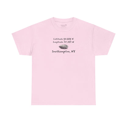 Pink t-shirt with oyster graphic and text "latitude and longitude - Southampton NY"