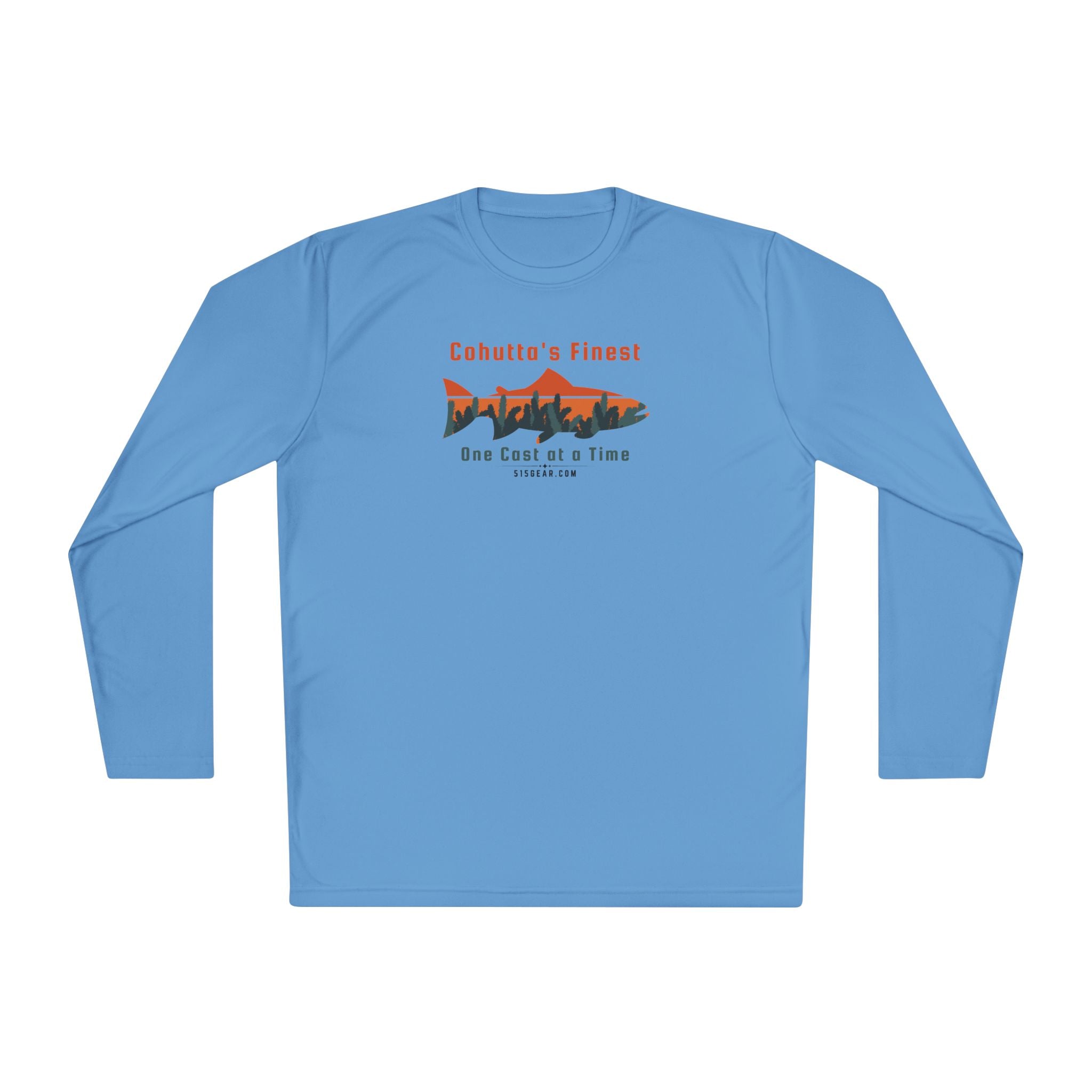 Light Blue long-sleeve performance moisture wicking t-shirt with fishing theme saying Cohutta's Finest One Cast at a Time by 515Gear.com