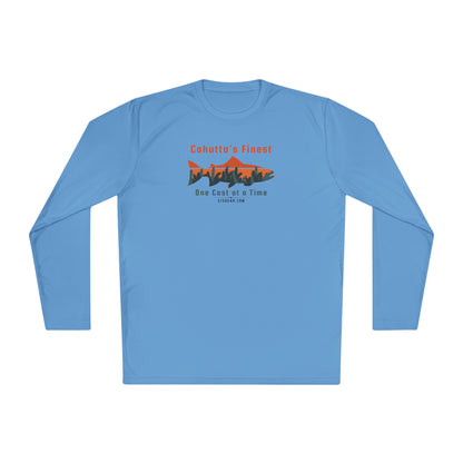 Light Blue long-sleeve performance moisture wicking t-shirt with fishing theme saying Cohutta's Finest One Cast at a Time by 515Gear.com