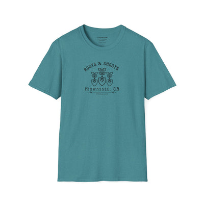 Unisex T-shirt, Roots & Shoots, Garden shovel root leaf graphic, 515Gear.com | Hiawassee, GA | celebrate gardening