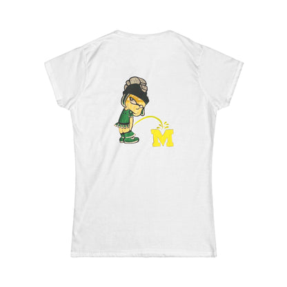 White t-shirt with cartoon Spartan peeing on an 'M' logo
