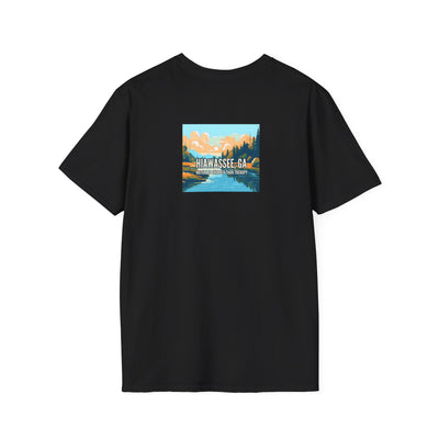 unisex adult T-shirt, Mountain Scene Graphic, by 515Gear.com | Hiawassee, GA | Nature is Cheaper than Therapy