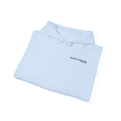 Light blue hoodie with a brand logo on a white background