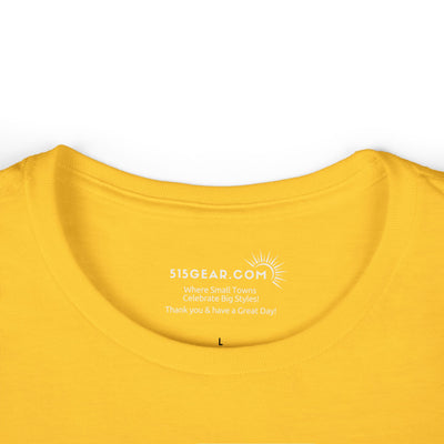 Yellow t-shirt with a logo and text on the collar against a white background