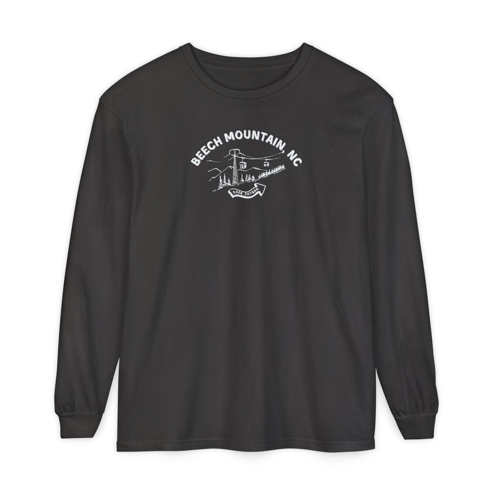 Black heather comfort color long-sleeve t-shirt with text 'Beech Mountain, NC - 5506 Skybar'