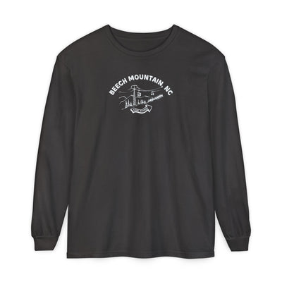 Black heather comfort color long-sleeve t-shirt with text 'Beech Mountain, NC - 5506 Skybar'