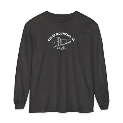 Black heather comfort color long-sleeve t-shirt with text 'Beech Mountain, NC - 5506 Skybar'