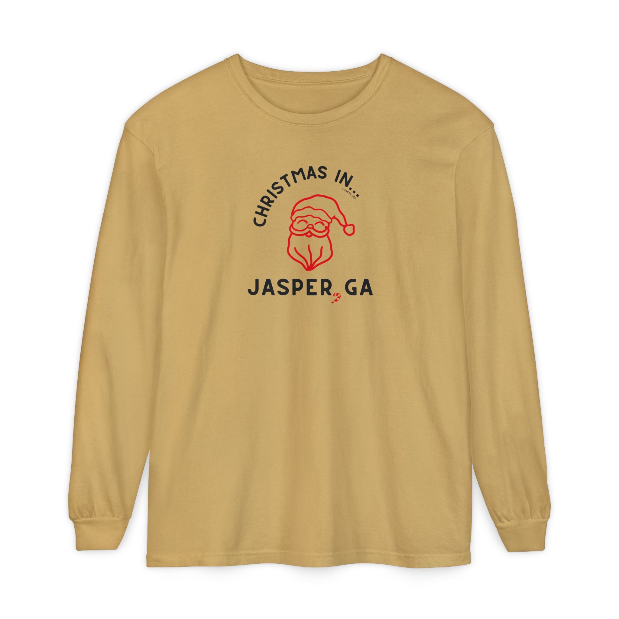 Mustard yellow long-sleeve shirt with happy Santa and candy cane graphic and text "Christmas in... Jasper, GA"