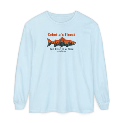 Light Blue long-sleeve shirt with a fishing-themed design saying Cohutta's finest One Cast at a Time by 515Gear.com