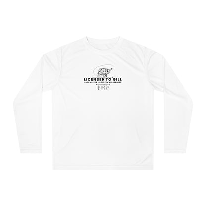 White long-sleeve shirt with 'Licensed to Gill' text and fishing graphic on a white background