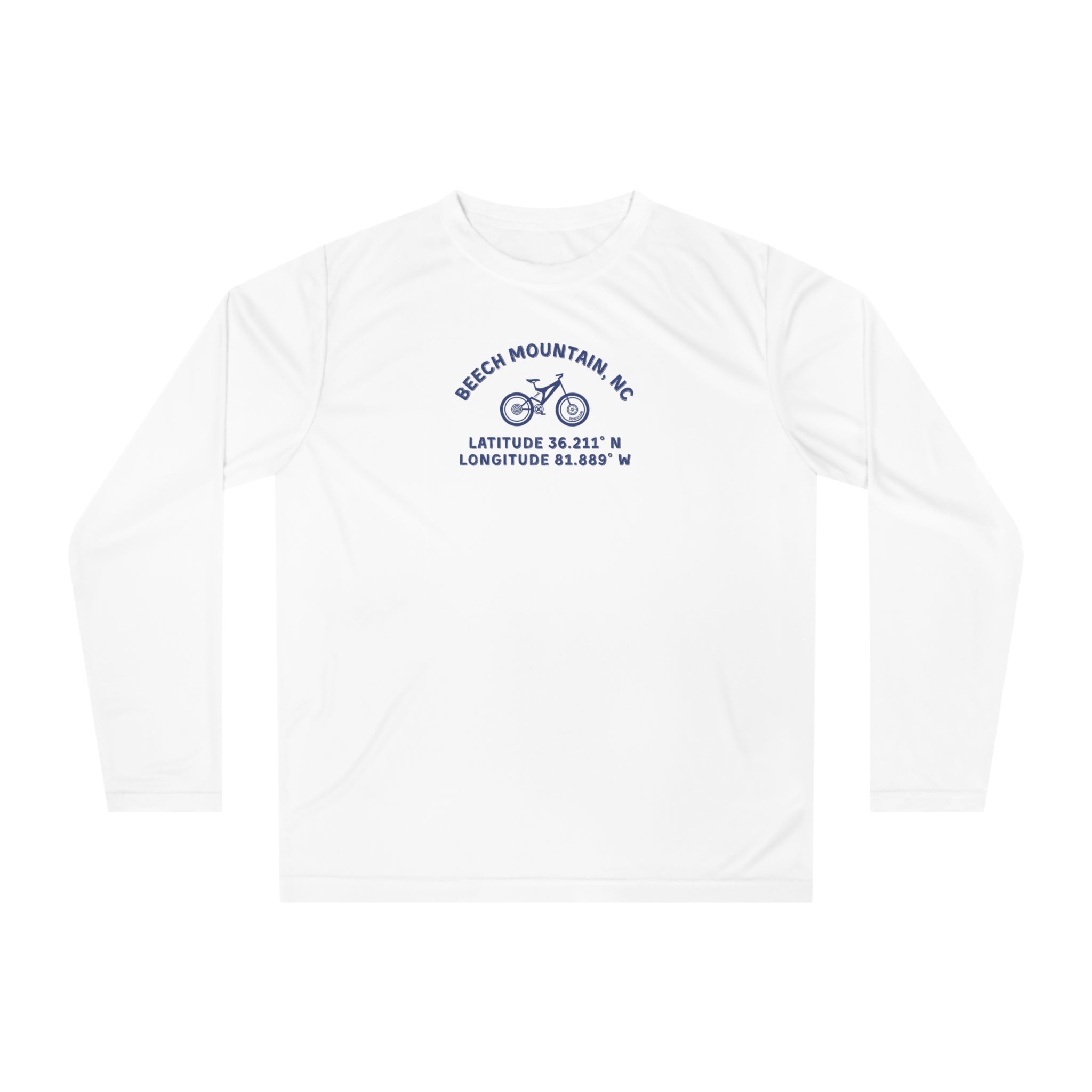 White long-sleeve shirt with mountain bike graphic and text "Beech Mountain, NC - Latitude and Longitude" coordinates